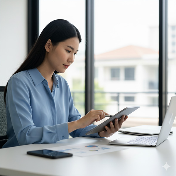 A professional woman works diligently on a tablet in a brightly lit office, with financial documents nearby.