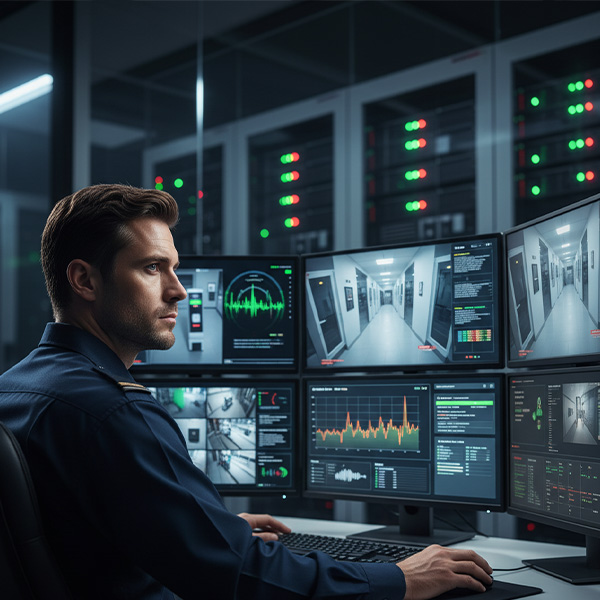 A focused security professional monitors various surveillance feeds and data on multiple screens in a modern control room.