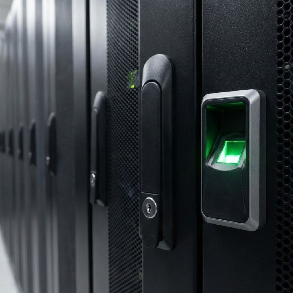 Close-up photograph of a secure biometric hand scanner on a server cabinet door.
