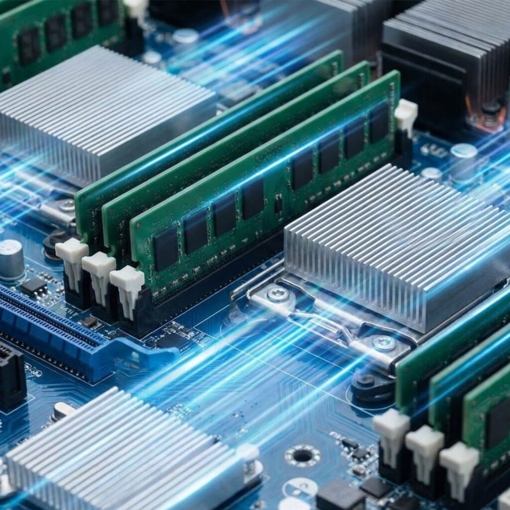 Macro photograph of high-performance server components with blue status lights glowing rapidly.
