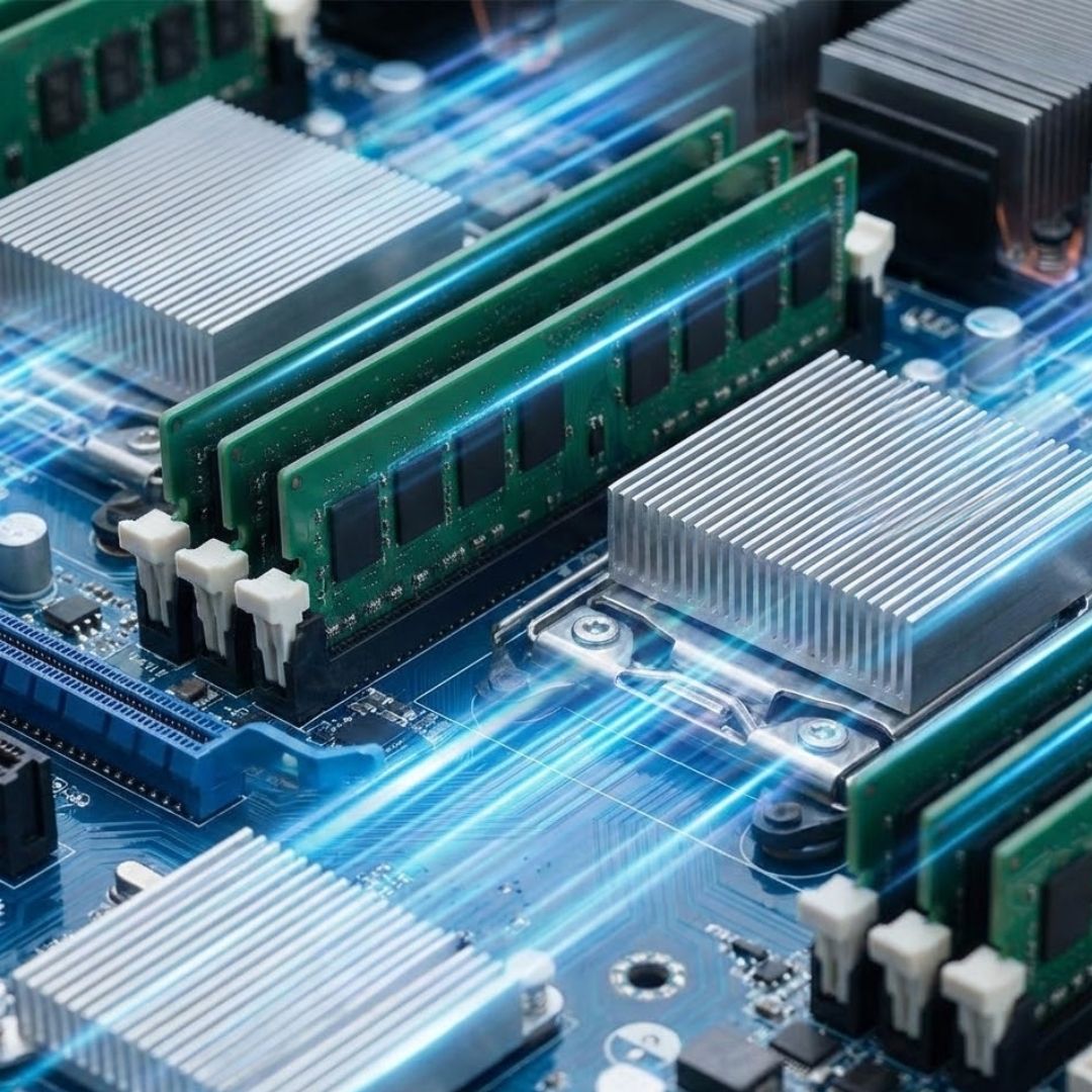 Macro photograph of high-performance server components with blue status lights glowing rapidly.