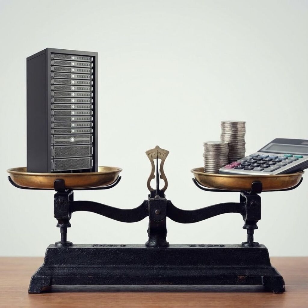 A conceptual image of a business calculator sitting on a desk next to a miniature server rack model.
