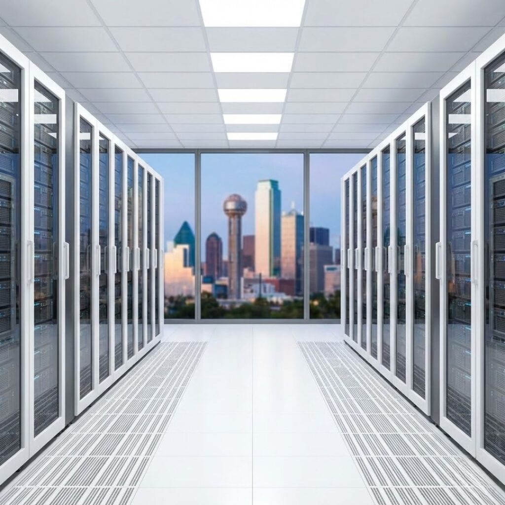 Interior view of a clean, modern data center facility located in a metropolitan area.

