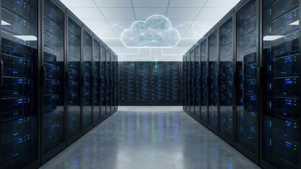 A modern data center aisle with server racks next to a digital illustration of cloud connectivity.