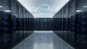 A modern data center aisle with server racks next to a digital illustration of cloud connectivity.